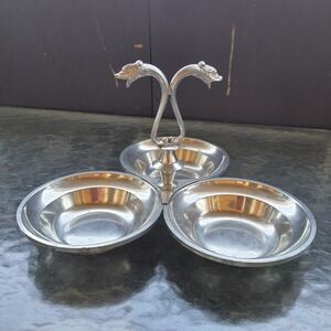 Vintage Etain Pewter 3 Section/Bowl Serving Piece, Snake / Serpent Handle France
